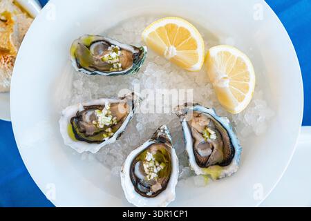 Delicious Oysters on Ice with Lemon Wedges A Seafood Delight and Culinary Still Life Stock Photo