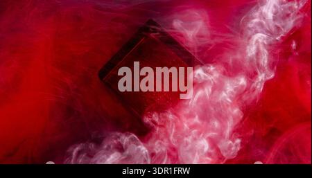 Cube neon paint. Color glitter steam. Defocused red pink purple shimmer cloud splash geometric texture water fume on abstract background. Stock Photo