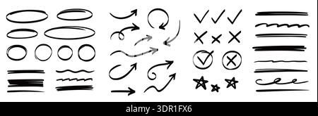 Arrow, circle, underline marker hand pen set. Arrow line marker hand drawn brush pencil sketch. Doodle check, cross, star oval round icon sign symbol texture rough. Vector illustration Stock Vector