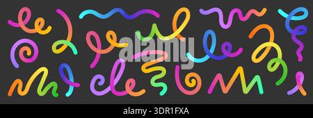 Line gradient color abstract shape set. Color wave line gradient shape bright rainbow flow design modern background. Abstract doodle pattern wavy ribbon swirl fun organic dynamic. Vector illustration Stock Vector