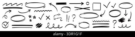 Arrow, highlight marker stroke set. Marker pen line hand drawn brush stroke sketch circle, underline, arrow. Doodle check, cross, highlight scribble round icon sign texture. Vector illustration Stock Vector