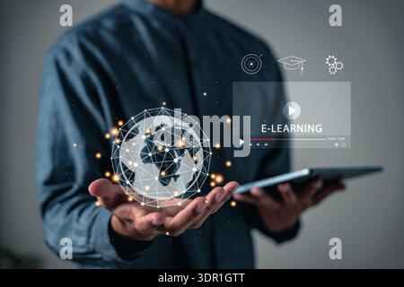 Education and online learning technology are shown as someone holds tablet with icons symbolizing e-learning and global connectivity, so users learn a Stock Photo
