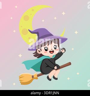 Cute witch flying on broom under moonlight, Halloween themed flat vector illustration Stock Vector