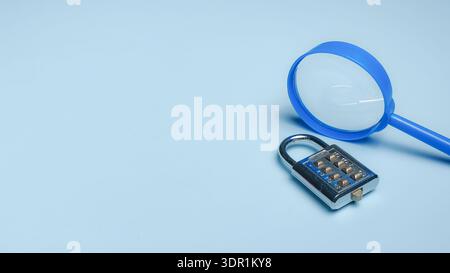 Security Audit Concept with Magnifying Glass and Combination Padlock on Blue Background Stock Photo