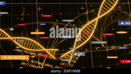 Glowing golden DNA double-helix strands threading across dark grid, displaying LIKE badges, cursor Stock Photo