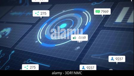 Displaying central circular HUD pulsing on dark grid, showing notification badges, chart panels Stock Photo