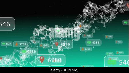 Flowing polygonal node mesh forming ribbon across teal dashboard, showing badges, numbers, icons Stock Photo
