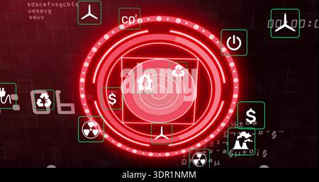 Displaying central red concentric HUD pulsing over dark grid with green energy and finance icons Stock Photo