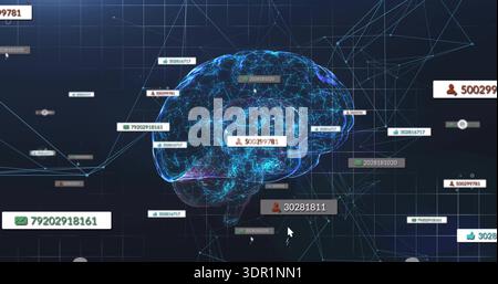 Pulsing holographic brain projecting neural network in virtual data map, showing floating ID labels Stock Photo