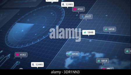 Displaying data dashboard filling virtual interface, showing radar HUD, social tags, grid Stock Photo