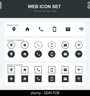 Minimalist Web and Contact Icon Set featuring Location Home Phone Smartphone Email and Wifi Symbols in Circular and Square Variations for UI UX Stock Vector