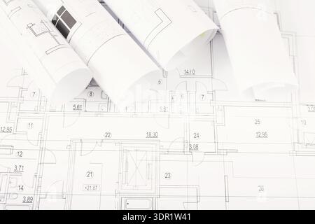 Collection of Architectural Plans and Blueprints for Building Projects Stock Photo