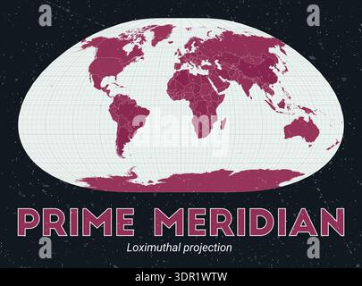 Prime Meridian. World map. Loximuthal projection centered on the Prime Meridian. Pale Mint Dark Pink palette. Vintage texture. Stock Vector