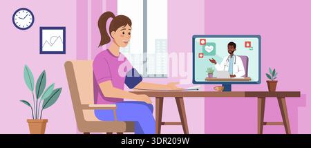 Illustration of a young woman checking her blood pressure during an online medical consultation. A smiling doctor appears on a screen, providing virtu Stock Vector