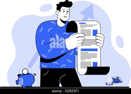 Cartoon happy man in a blue sweater reads a document with a rising graph and coins appear beside him — perfect for illustrating financial growth, surp Stock Vector