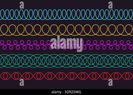 Spiral loop seamless line set. Decoration lace collection. Thin loop waves symbol. Flexible spring coil shapes. Neon loop line ornament pattern Stock Vector