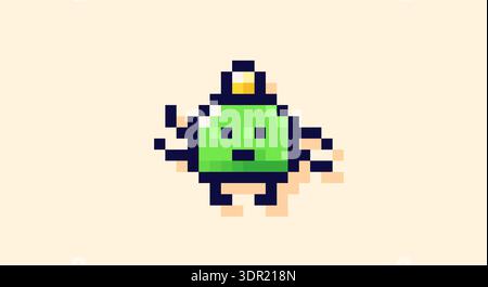 Pixel art cute green space monster. Stock Vector