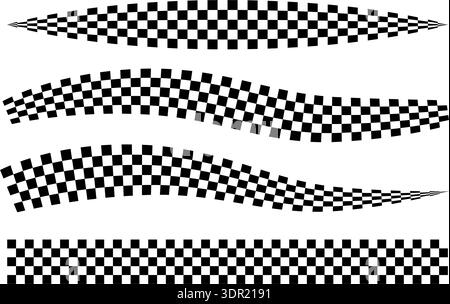 Race flag lines. Black and white checker finish ribbon. Car race grid pattern. Rally border texture. Wavy checker lines. Chess graphic design element Stock Vector