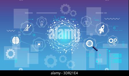 Abstract blue gradient background features a central glowing neural network hub connected to icons like brain, gears, rocket, and magnifier. High tech Stock Vector
