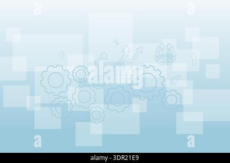 Abstract blue gradient background features a central glowing neural network hub connected to icons like brain, gears, rocket, and magnifier. High tech Stock Vector