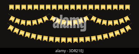 Golden flag party bunting border. Gold festive flag garland. Birthday party bunting. Yellow ribbon chain. Carnival banner. Design element. Vector Stock Vector