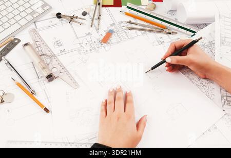 Design Process Involves Drafting and Planning With Tools and Materials in an Organized Workspace Stock Photo