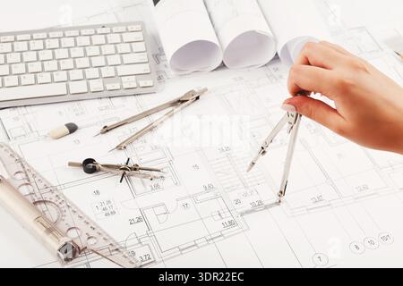 Creating a Detailed Collage of Architecture Plans and Tools for Design Projects and Building Ideas Stock Photo