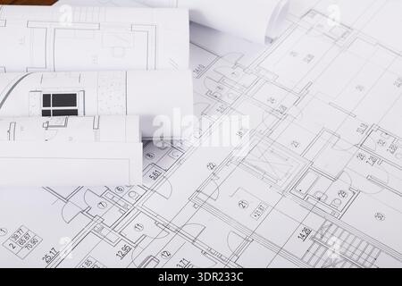 Collection of Building Plans and Blueprints Arranged in a Collage Format Stock Photo