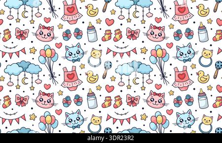 Cute infancy, motherhood theme seamless pattern. Children clothing design, gender parties, baby shower texture. Baby theme wrapping paper with Mobile, pacifier, milk bottle, rattle, stars. Vector Stock Vector