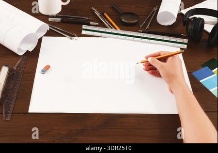 Creative Workspace Set for Design Activities Featuring Various Tools and Materials Stock Photo