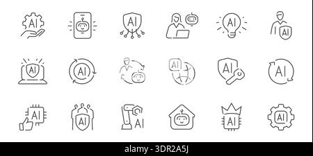 AI technology line icons set. Artificial intelligence, security, chatbot and automation and robotics vector collection Stock Vector