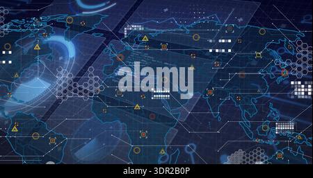 Displaying stylized global map occupying center of virtual dashboard, showing HUD panels, hex grids Stock Photo