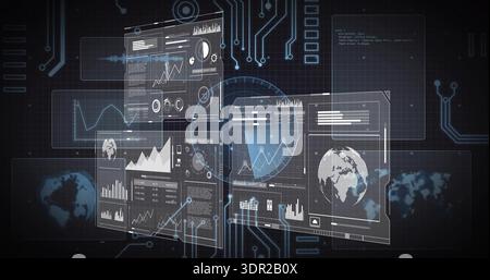 Displaying holographic panels floating in virtual control console, showing circular HUD and charts Stock Photo