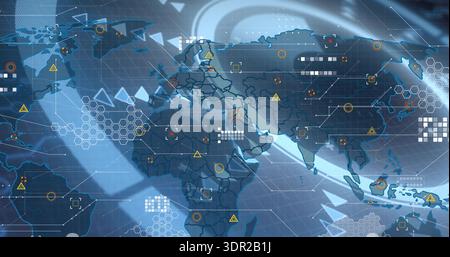Displaying stylized global map with hex clusters and warning icons on dashboard, showing arrows Stock Photo