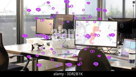 Showing 3-screen desk with seahorse on right monitor in office, VR headset resting, purple overlay Stock Photo