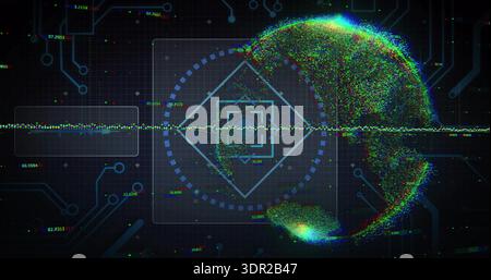 Displaying particle globe on right, tracing central waveform, HUD panels, circuit grid, copy space Stock Photo