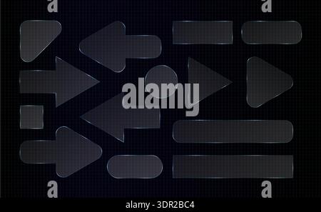 Transparent glass arrow, rectangle text box and square blur shapes. Round circle mirror, polycarbonate triangle. 3d lens flat cover, glossy button Stock Vector