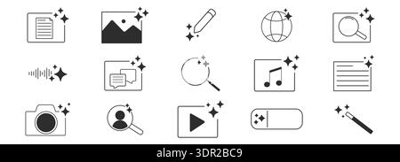 Ai generated audio or media icon set. Ai star sparkle symbol, creative artificial intelligence and machine learning technology concept. Generative AI. music generated, image generate, magic pencil. Vector illustration Stock Vector