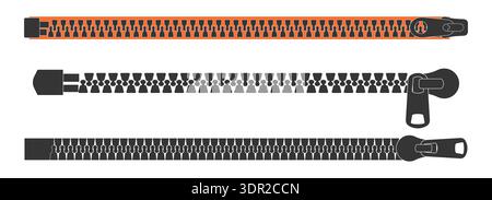 Set zipper lock or unlock. Fastener metal slide with puller. Split cloth pulling zip. Collection Apparel accessories simple drawing. Vector illustration Stock Vector