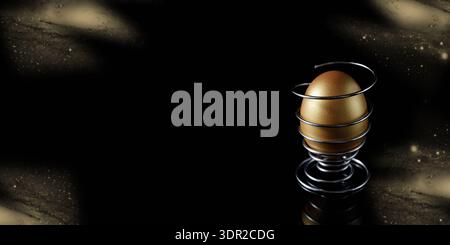 Happy Easter greeting frame card with a golden egg on a metal spiral stand on black background. Dark banner with copy space Stock Photo