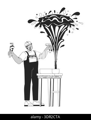 Plumber facing burst water pipe outline illustration Stock Vector