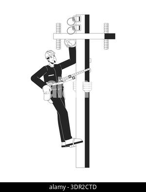 Technician repairing electric utility pole outline illustration Stock Vector