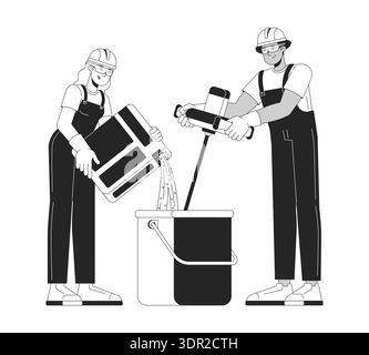 Construction workers mixing plaster outline illustration Stock Vector