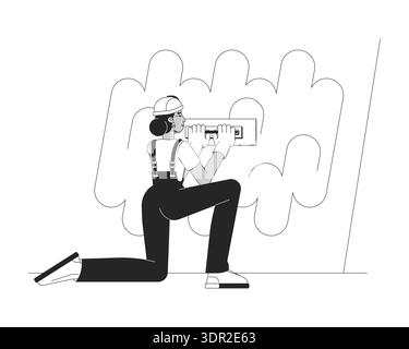 Construction worker applying wall putty outline illustration Stock Vector