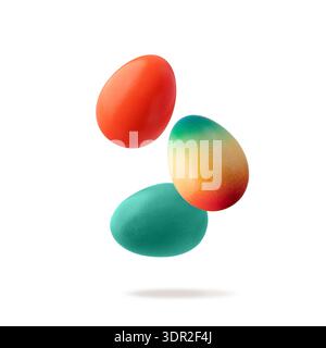 Painted natural easter chicken eggs flying isolated on white background. Three colorful festive eggs closeup. Happy Easter card or decoration. Stock Photo