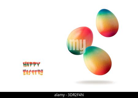Painted natural easter chicken eggs flying isolated on white background. Three colorful festive eggs closeup. Happy Easter card or decoration. Stock Photo