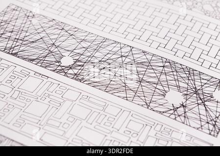 Collage of Various Geometric Patterns and Designs Showing Intricate Details in Black and White Stock Photo