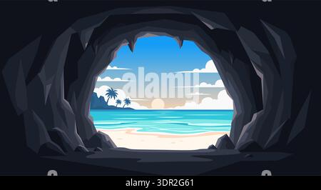 A conceptual scene looking out from the darkness of a rocky cave towards a bright tropical beach. Stock Vector