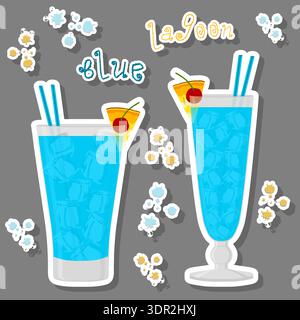 Illustration on theme of beautiful alcohol cocktail blue lagoon, bright blue lagoon consisting of full glass cup with transparent cocktail and cubes i Stock Vector