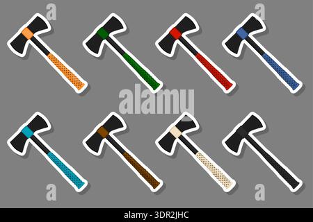 Illustration on theme big kit steel axes with wooden handle, metal ax for hunting, pattern ax consisting of many different axes on grey background, fo Stock Vector